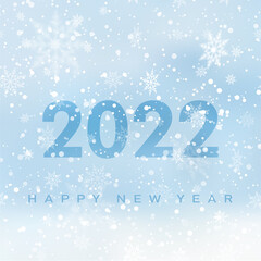 2022 Happy New Year card with falling snowflakes on blue sky. Vector