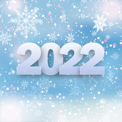 2022 Happy New Year card with falling snowflakes on blue sky. Vector