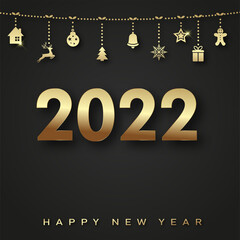 2022 Happy New Year card with hanging gold Xmas ornaments. Vector