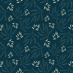 Botanical floral seamless pattern. Light beige and yellow leaves on a dark blue background. Modern simple line drawing is perfect for textile, apparel, stationary