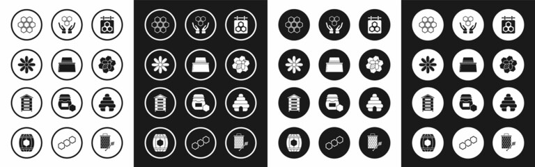 Set Hanging sign with honeycomb, Beekeeper protect hat, Flower, Honeycomb, and, hands, Hive for bees and icon. Vector