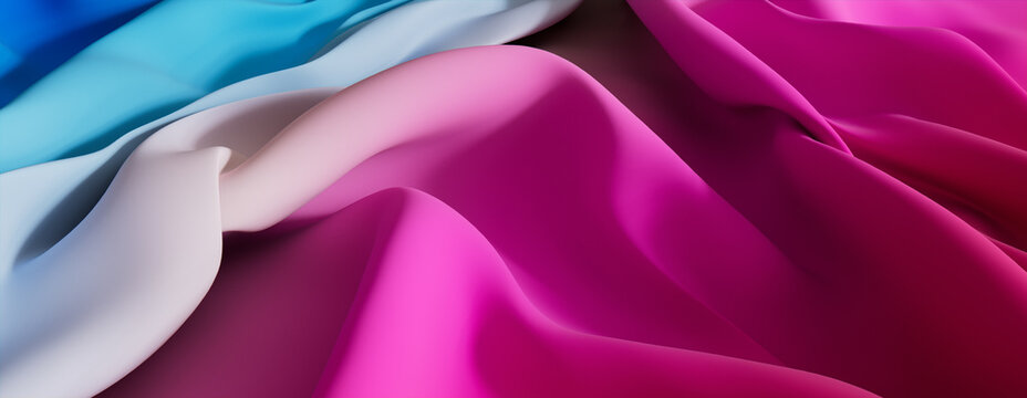 Pink and Blue Fabric with Ripples and Folds. Multicolored Luxury Surface Background.