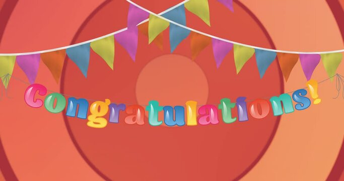 Animation of colorful flags and congratulations on orange background