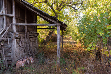 Wooden barn for storing corn or grain in the countryside. Place for storing cereals on the farm. Autumn has come and the harvest season is beginning