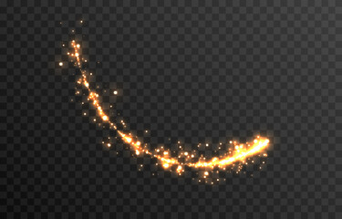 Vector magic glow. Gold dust PNG. Sparkling fairy dust, glowing trail, line of light. Christmas light.