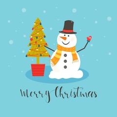 Fototapeta na wymiar Cheerful christmas snowmen with different presents. Funny snow man wearing hat, scarf with tree. Festive happy xmas holiday cute characters, flat vector cartoon set