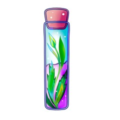 Illustration green plant with a bud in a flask with a pink potion