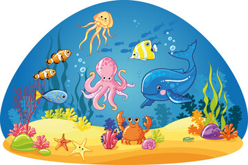 Underwater world, coral reefs. Seabed, Marine animals octopus, crab, starfish, tropical fish, jellyfish. drawn Cute characters for kids. cartoon vector illustrations - 462875173