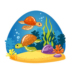 Turtle. Vector illustrations. cartoon painted coral reef, underwater world, cute turtle - 462875319