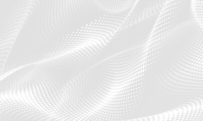 Awesome white and grey halftone background. Vector white halftone dots. Soft halftone background, wavy grey abstract background. Futuristic motion dots perspective backdrop. Vector illustration EPS10.