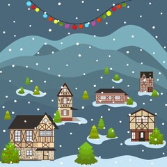 Christmas and Happy New Year city scape celebrating winter holidays. Cartoon old building town street in flat style. Vector illustration