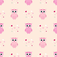 Cartoon pink owls and hearts seamless pattern. Children's background with flat vector owls. Design for scrapbooking, clothing, poster.