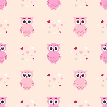 Cartoon pink owls and hearts seamless pattern. Children's background with flat vector owls. Design for scrapbooking, clothing, poster.