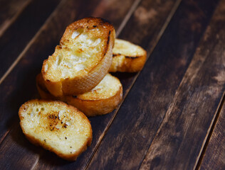 toasted croutons of white bread on the table