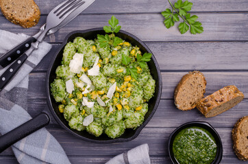 Gnocchi with corn and green sauce