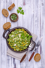 Gnocchi with corn and green sauce
