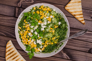 Gnocchi with corn and green sauce