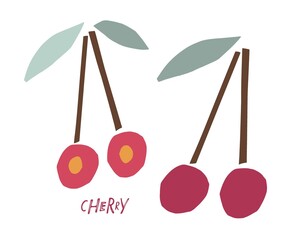 Abstract red cherry fruit with leaves, childish hand drawn doodle sketch isolated on white background. Flat vector illustration Food template for menu, berry juice label, postcards, nursery design