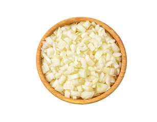 chopped onions in a wooden bowl isolated on white background, top view.