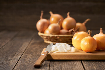 chopped onions on a cutting board.