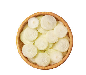 Obraz na płótnie Canvas organic chopped onions in a wooden bowl isolated on white background, top view.