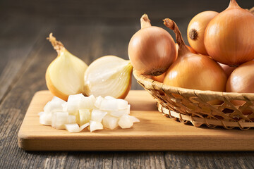 chopped onions on a cutting board.