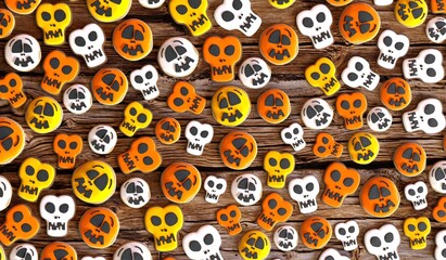 Halloween skull cookies on wooden background - 3D illustration
