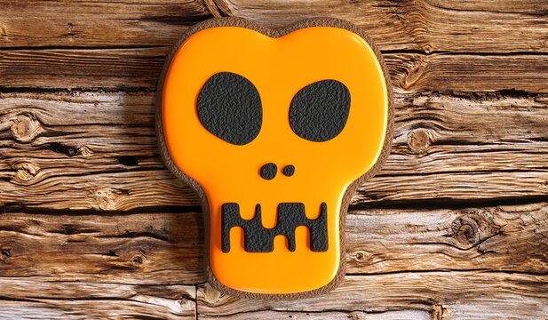 Halloween Skull Cookie On Wooden Background - 3D Illustration