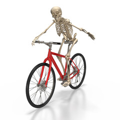 3d menschliches Skelett auf dem Fahrrad beim links abbiegen, isoliert