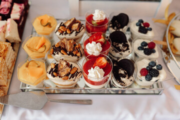 Several varieties of cakes in baskets on plates, decorated with butter cream or curd cream with fruits and berries, top view ,concept of food in holiday, hotels.