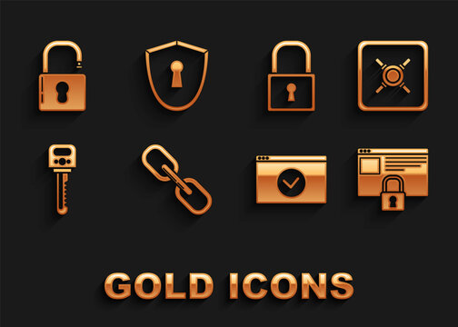 Set Chain link, Safe, Secure your site with HTTPS, SSL, Key, Lock, Open padlock and Shield keyhole icon. Vector