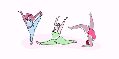 Body positive concept. Plus size girls do yoga. Different yoga poses and asanas. Vector one line for print, textiles, logo, t-shirt, web, articles.