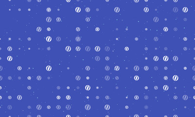 Seamless background pattern of evenly spaced white beach ball symbols of different sizes and opacity. Vector illustration on indigo background with stars