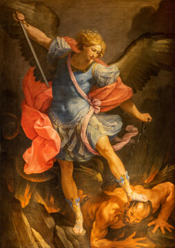 ROME, ITALY - AUGUST 31, 2021: The painting of Michael archangel in the church Santa Maria della Concezione dei Cappuccini by Guido Reni (1636).