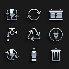 Set Recycle symbol, Bottle of water, Trash can, Electric plug, Recharging, Water tap, Car battery and icon. Vector