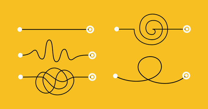 Different hand drawn doodle scribble path lines from A to B. Business solution searching concept. Way to solve problem. Vector design elements for trending infographic.