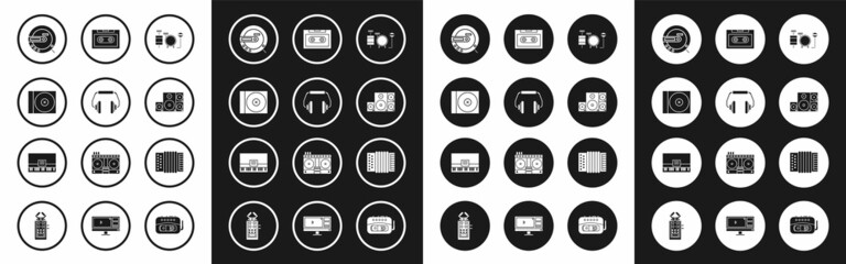 Set Drums, Headphones, CD or DVD disk, Music player, Stereo speaker, Retro audio cassette tape, Musical instrument accordion and Piano icon. Vector