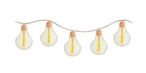 Watercolor illustration hand painted golden yellow electric retro bulb lamps with yellow light on the garland isolated on white. Loft interior design clip art chaplet for postcards, packaging paper © Olga Sidelnikova