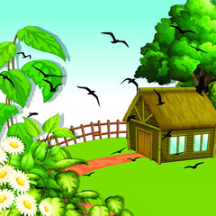 Village illustration with house and tree