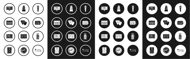 Set Microphone, Guitar pick, Music synthesizer, Sound or audio recorder monitor, tape player, Metronome with pendulum in motion, and laptop icon. Vector