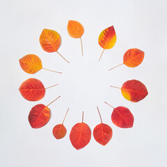 Autumn circle frame. Red leaves on white background. Minimal fall concept with copy space. Nature flat lay idea.