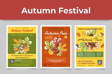 Collection autumn fair poster engraved vector illustration. Fall festival placard template