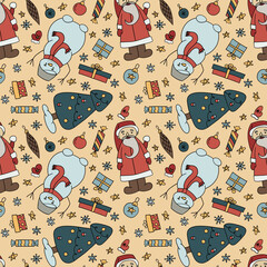 New Year seamless pattern with Santa Claus, Christmas tree, snowman, gifts, toys, stars and snowflakes on a yellow background. Ideal for fabric and paper design.