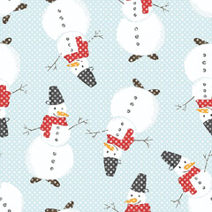 Cartoon vector Christmas seamless pattern of cute cheerful Snowmen characters with dotted white snow on blue background. Cute New Year texture for textile, wrapping paper, cover, surface, design