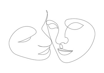 Love vector. Symbol of love. Kiss line vector illustration. Minimalist face icon. Couple logo. 2 faces. Man and woman. Couple kissing line drawing. Love line art. Minimalism print