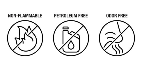 Non-flammable, Odor free, Petroleum free icons set