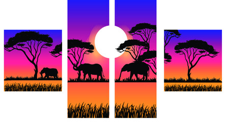 Illustration of sunset with sun elephant and tree