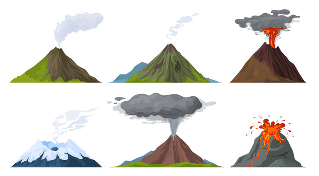 Erupting volcano set vector flat illustration. Natural volcanic activity with magma, smoke, ashes