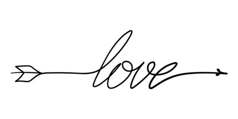 Continuous line drawing of love sign.LOVE Hand drawn word with arrow.Lettering vector illustration for poster, card, banner valentine day, wedding,Coffee cup and t-shirt