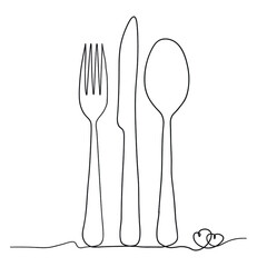 Set of fork, knife and spoon with two heats continuous line drawing. Vector illustration for poster, brochure, cover,restaurant  menu design.